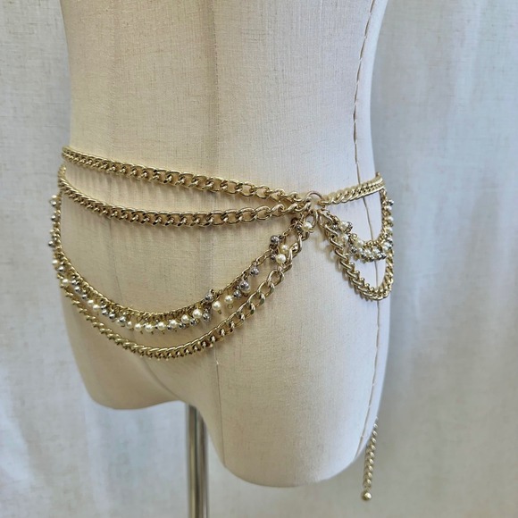 Gold Tone Multi Layer Chain Belt Faux Pearl Rhinestone Dangle Accent One‎ Size main image 10